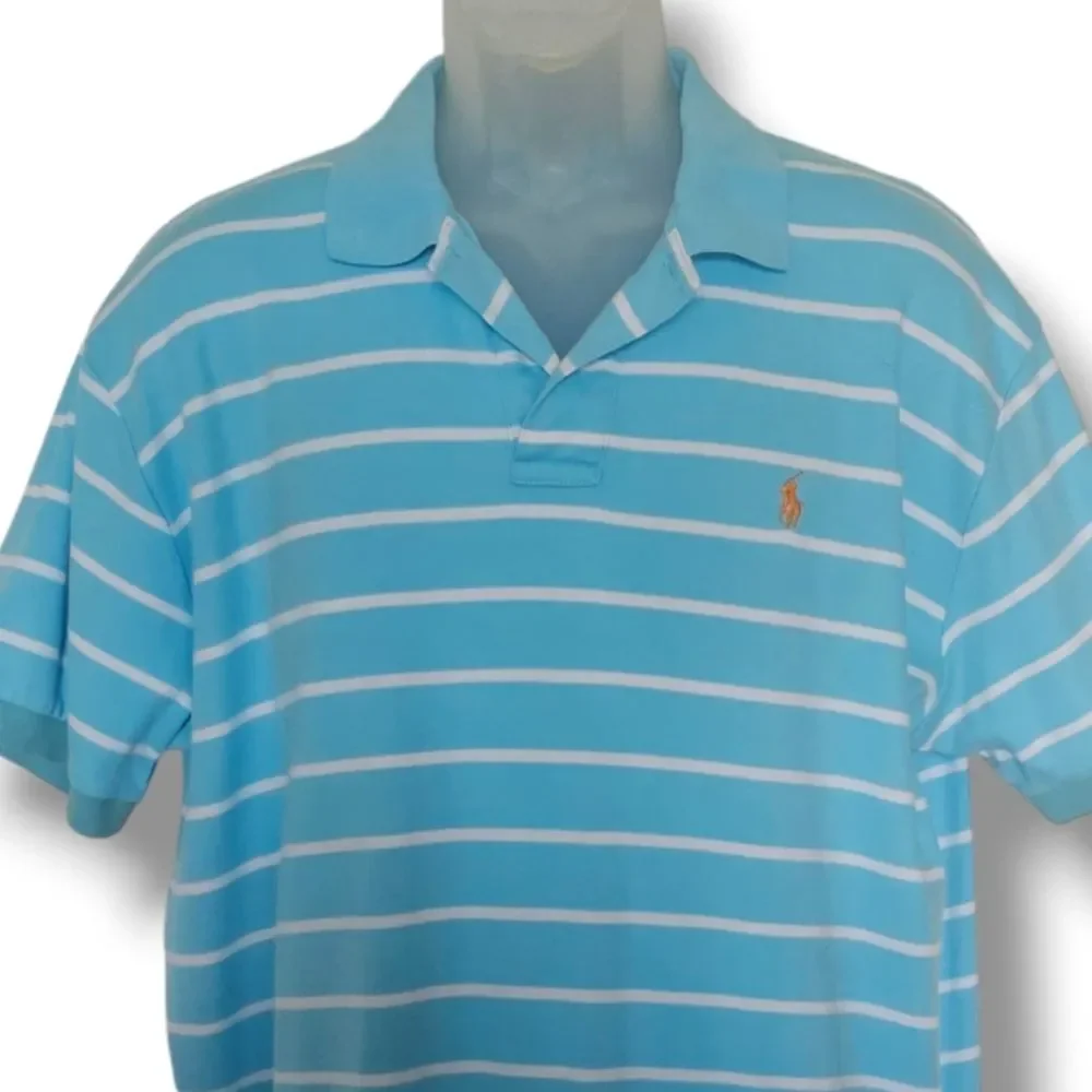 Ralph Lauren Polo Shirt Short Sleeve Blue White Stripe‎ Mens Size L Academia